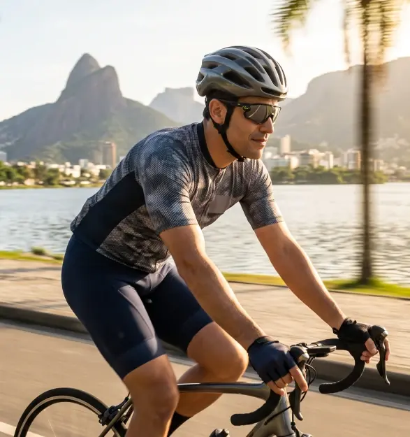 O mesmo homem, de capacete e óculos, pedala à beira de uma lagoa com morros ao fundo.