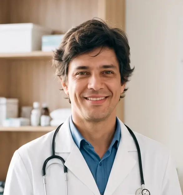 Homem de cabelo escuro e jaleco branco, com estetoscópio no pescoço, sorri em um consultório com prateleiras de madeira.