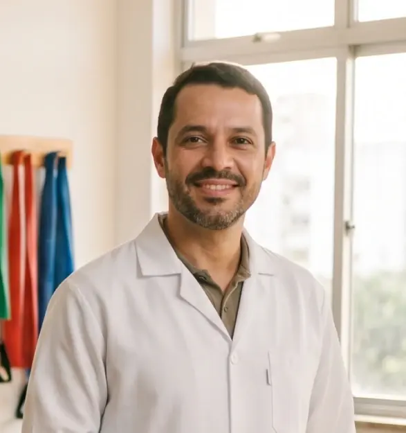 Homem de barba curta e jaleco branco sorri diante da janela, com faixas elásticas coloridas ao fundo.